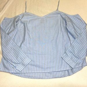 Calvin Klein Blue Striped Shoulder Cut Out Blouse. Size Small Petite.